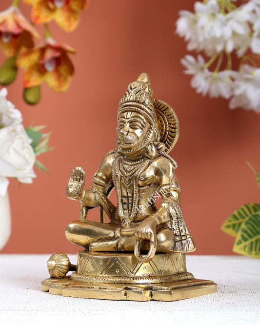 Brass Blessing Hanuman Ji Idol with Jap Mala – Cross Legged Divine Statue (5.5 Inches) - Budhshiv.com