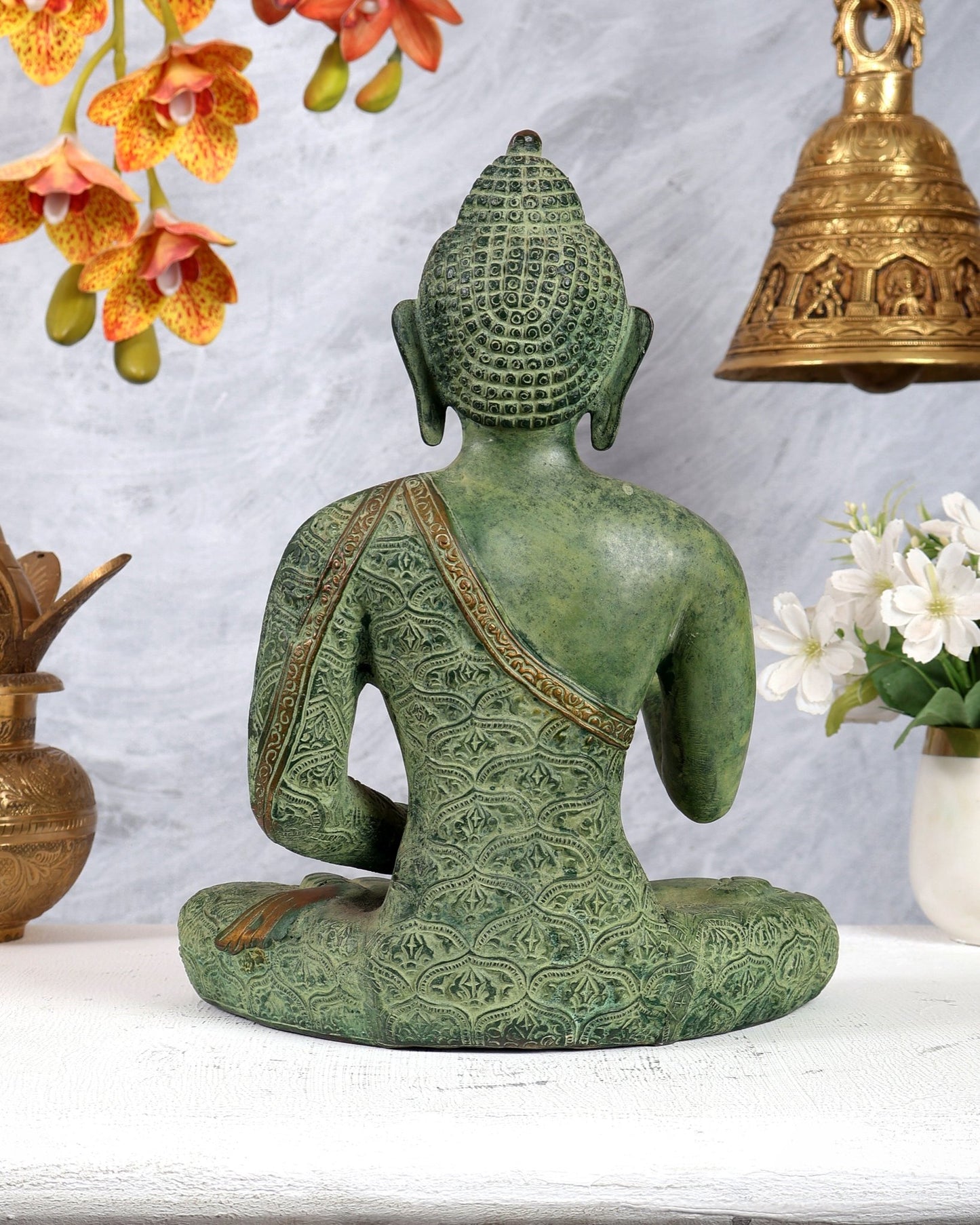 Brass Buddha Abhaya Mudra Statue – Green Sand Finish Patina Blessing Sculpture (11 Inches) - Budhshiv.com
