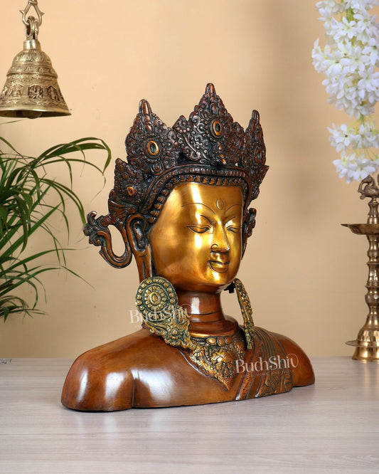 Brass Buddha Bust Sculpture – 15 Inch Crowned Buddha Face in Three Tone Finish - Budhshiv.com