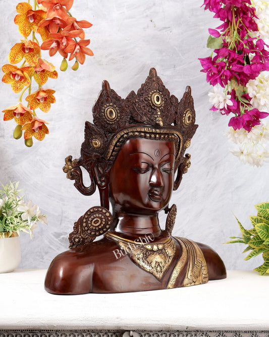 Brass Buddha Face Statue | Dual Tone Tabletop Décor | 17.5 Inch - Budhshiv.com