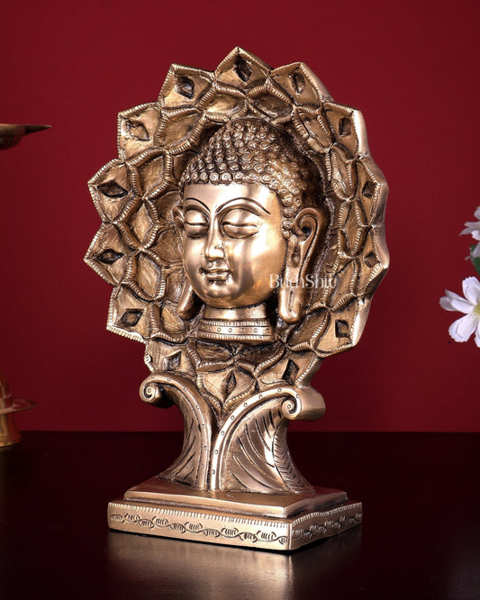 Brass Buddha Face Table Decor Showpiece | Antique Finish | 9.5 Inch Brass Buddha Sculpture - Budhshiv.com