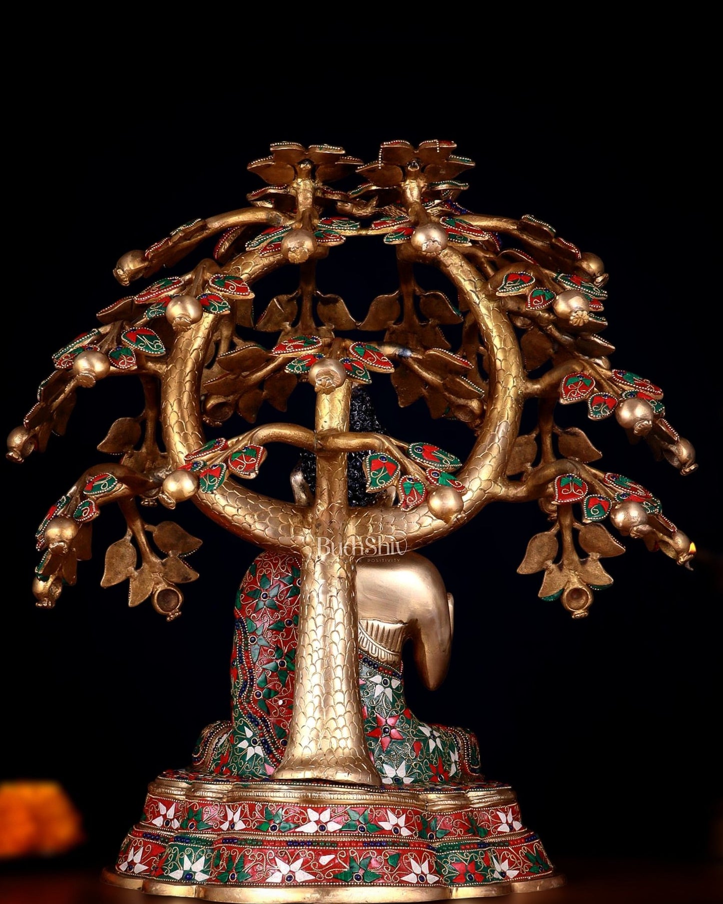 Brass Buddha Sitting Under Tree Statue – Adorned with Natural Stones, 21 Inch - Budhshiv.com