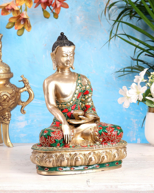 Brass Buddha statue - 9.5 Inch with meenakari - Budhshiv.com
