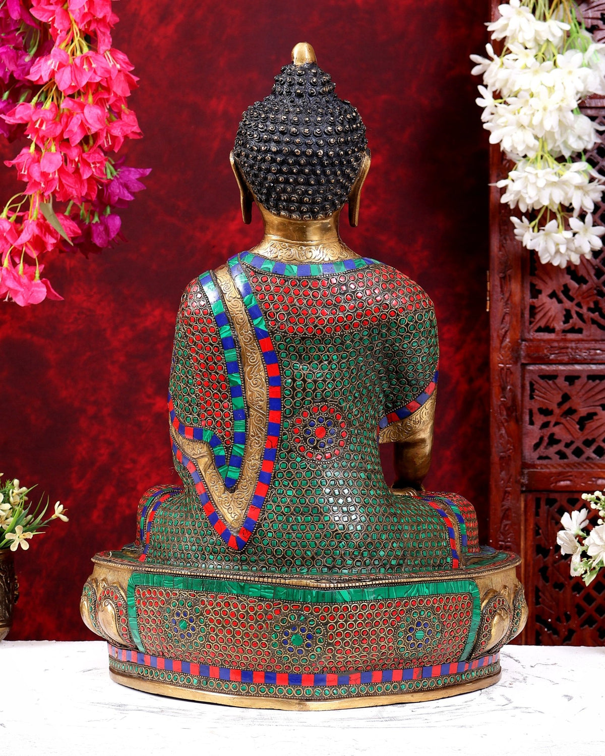 Brass Buddha Statue in Bhoomisparsha Mudra with Medicine Bowl - 21.5 Inch stonework - Budhshiv.com