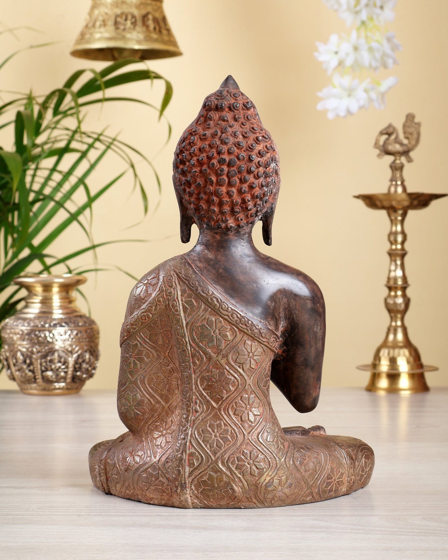 Brass Buddha Statue – Red Sand Finish with Silver Toning Calm Meditation Sculpture 10" - Budhshiv.com
