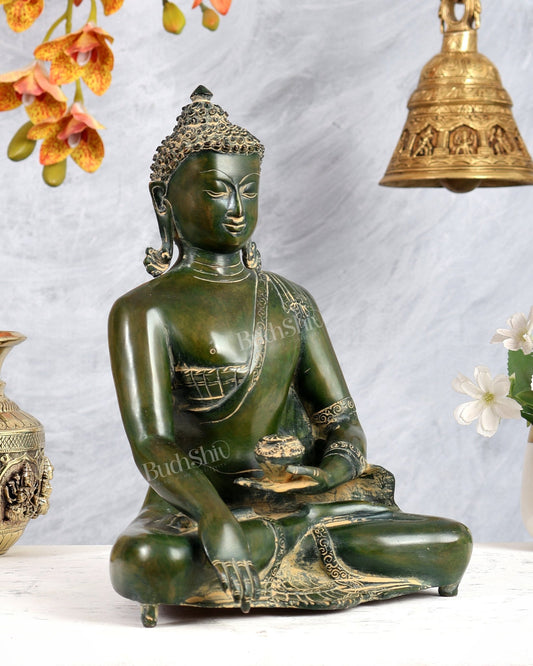 Brass Buddha Statue – Serene Heritage Spiritual Artefact 11 inch vintage green - Budhshiv.com