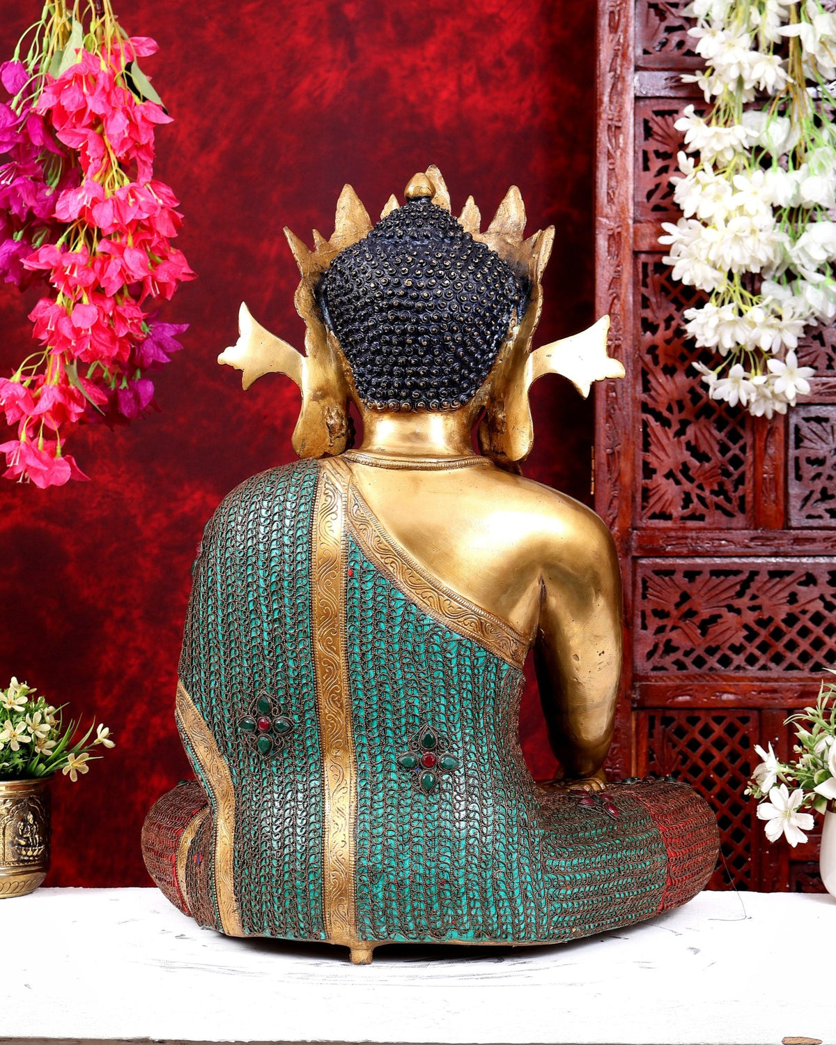 Brass Buddha statue with crown large sized inlay Nepalese copper wire meenakari 22 inch - Budhshiv.com