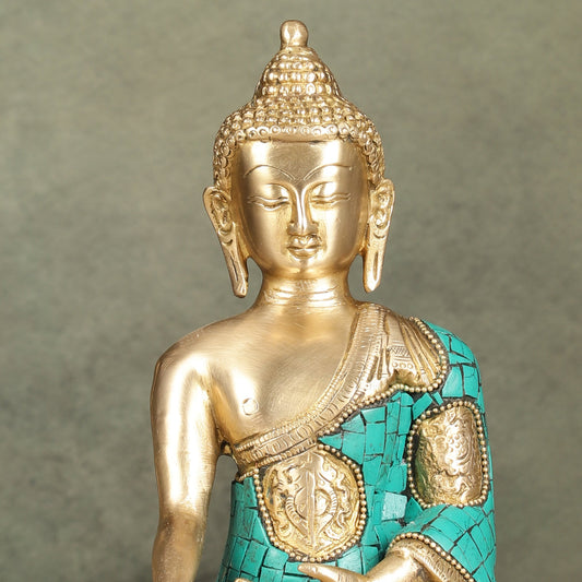 Brass Buddha Statue with Exquisite Stonework 8" - Budhshiv.com
