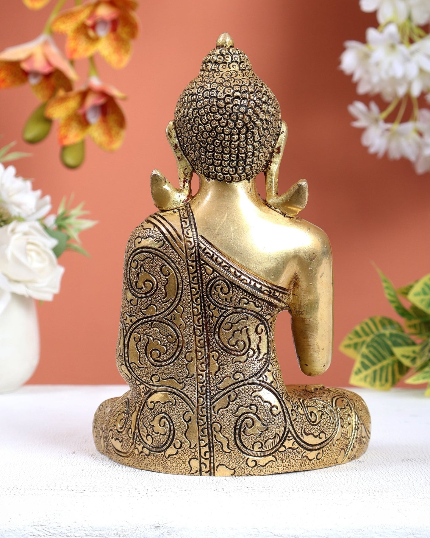 Brass Buddha Superfine Statue | 8" Fully Carved, 2.39 kg - Budhshiv.com