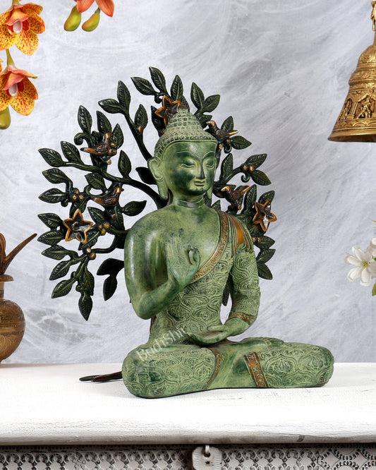 Brass Buddha with Bodhi Tree Décor Pair – Vintage Patina Tone Spiritual Sculpture Set 13 inch - Budhshiv.com