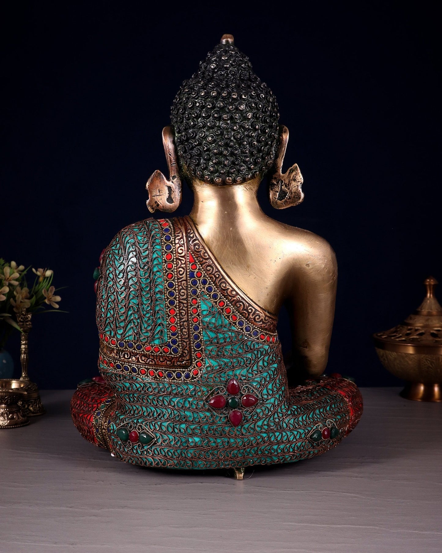 Brass Buddha with copper wire tibetan stonework Statue | 14 inch - Budhshiv.com