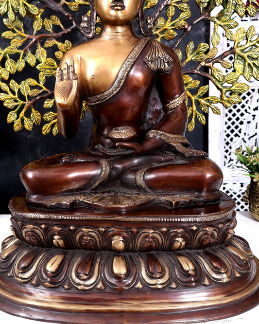 Brass Buddha with Kalpavriksha Tree — Three-Tone Heat-Treated Finish 26 inch - Budhshiv.com