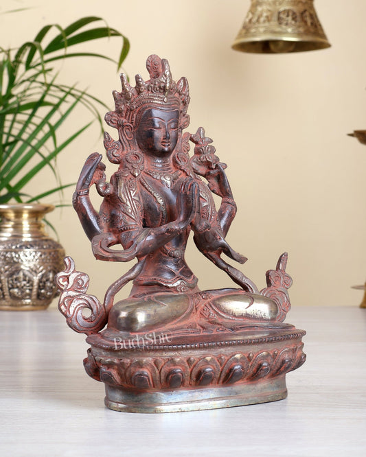 Brass Chenrezig Lokeshwar Statue – 4 Armed Bodhisattva of Compassion in Namaste Mudra | Red Silver Patina - Budhshiv.com