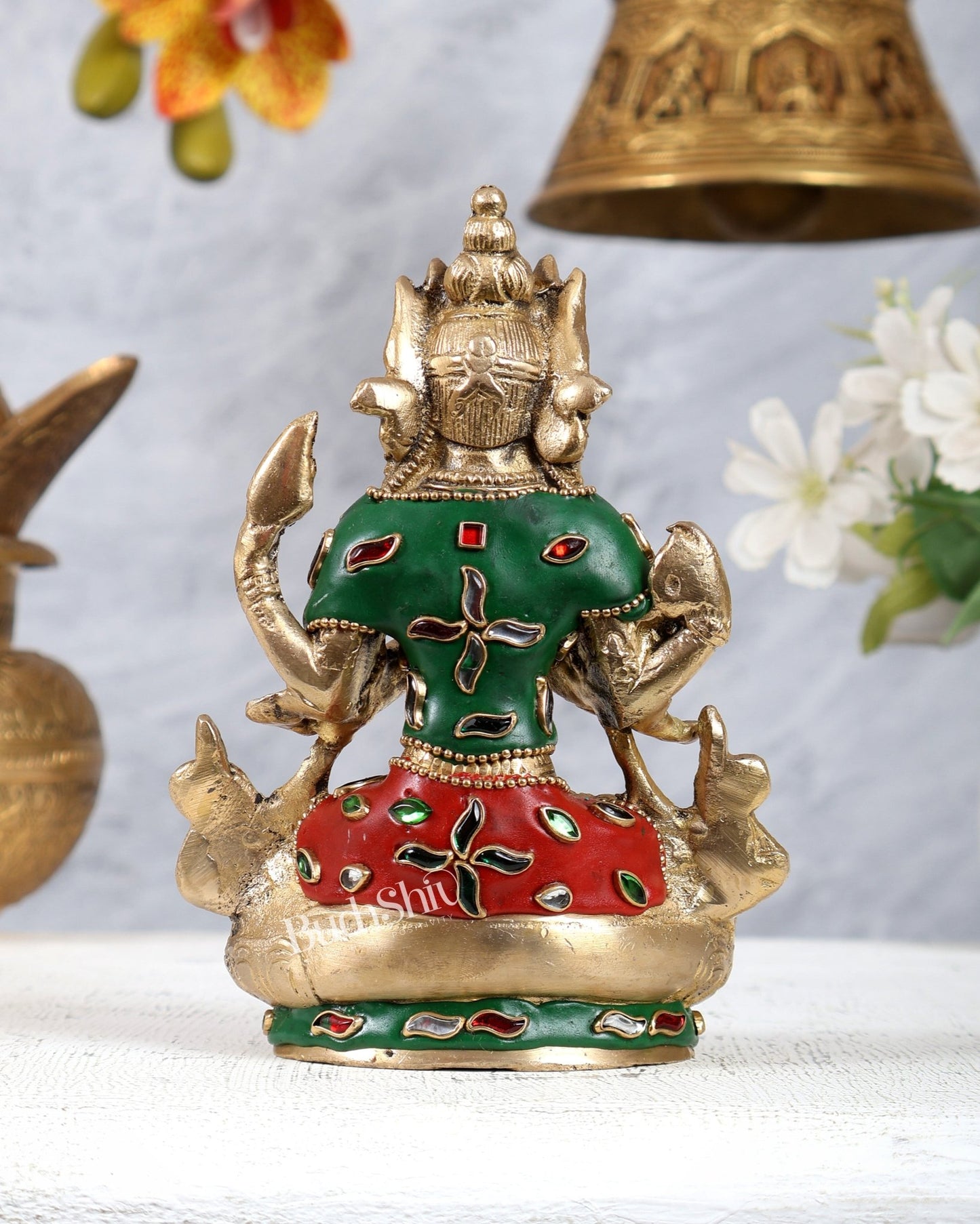 Brass Chenrezig Statue with Meenakari Work – Handcrafted Bodhisattva of Compassion 6 inch - Budhshiv.com