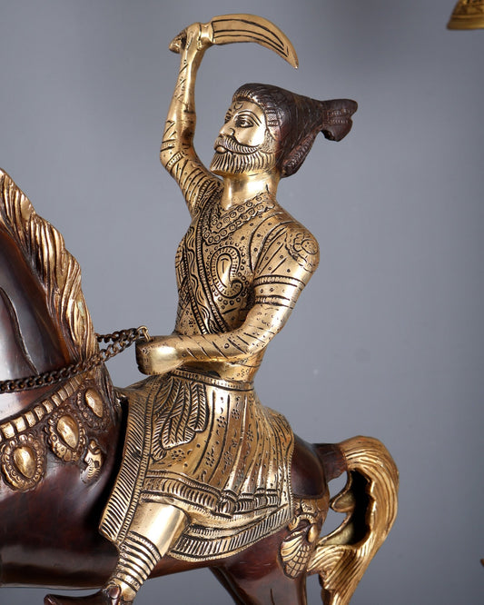 Brass Chhatrapati Shivaji Maharaj on Horse Statue – Large Warrior Sculpture Dual Tone Finish (22 Inches) - Budhshiv.com