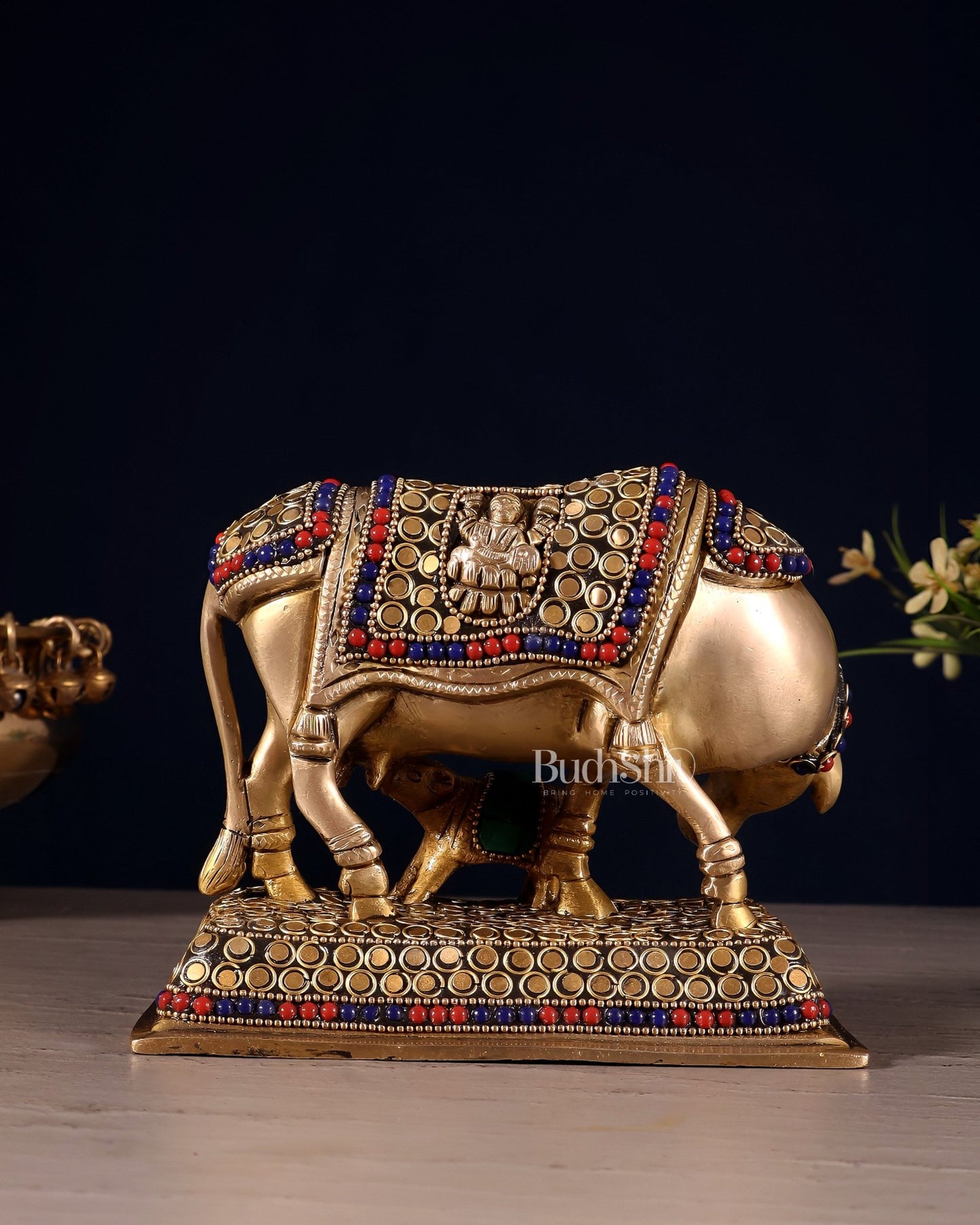 Brass Cow and Calf Kamdhenu Idol | Engraved with Ganesha and Lakshmi 6 inch - Budhshiv.com