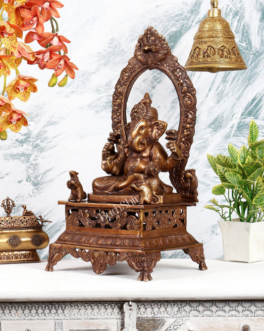 Brass Dagdusheth Ganesha on Singhasan Statue 20 inch - Budhshiv.com