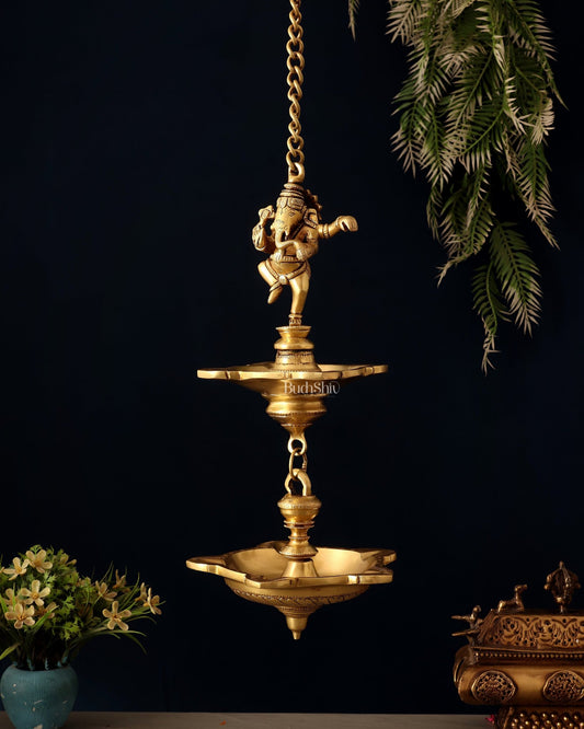 Brass Dancing Ganesha Hanging Lamp – Dual Design Elegance 28" - Budhshiv.com