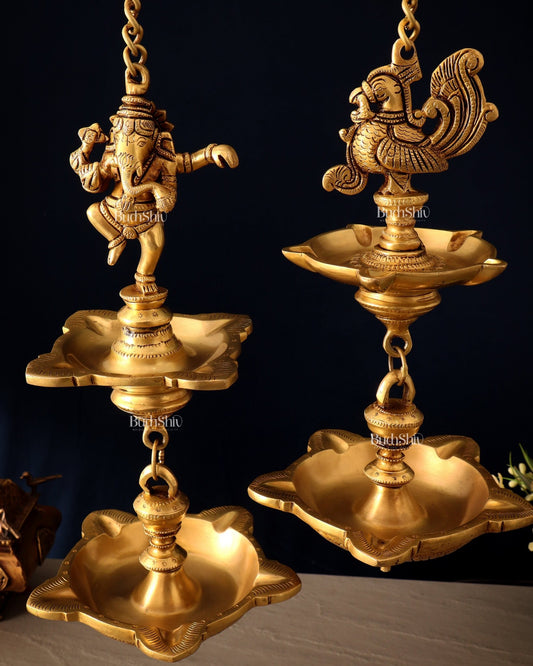 Brass Dancing Ganesha & Peacock Hanging Lamps 27 inch - Budhshiv.com