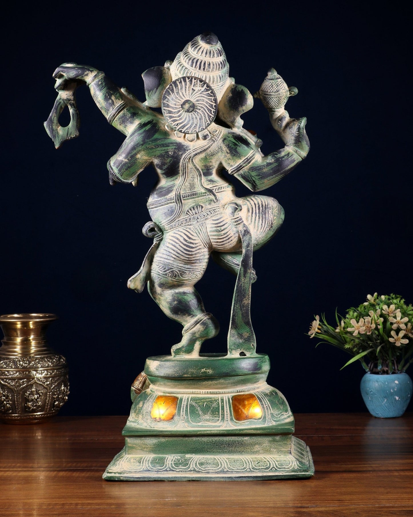 Brass Dancing Ganesha Statue - 17 inch vintage green patina - Budhshiv.com