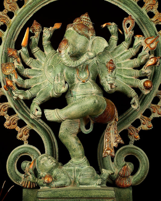 Brass Dancing Ganesha Statue - 25.5" Height, Antique Green Patina Finish - Budhshiv.com
