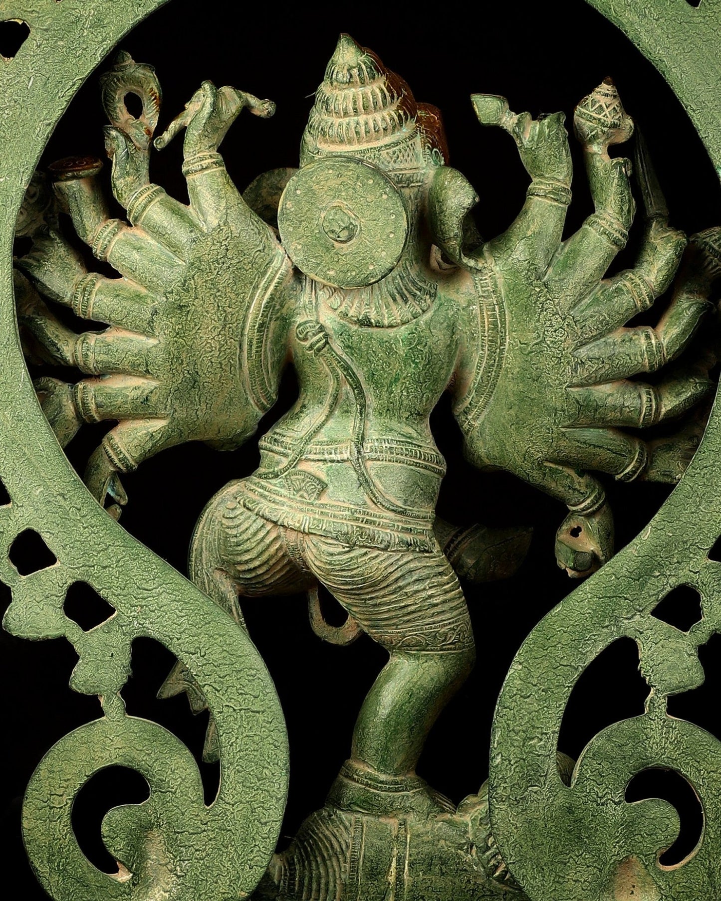 Brass Dancing Ganesha Statue - 25.5" Height, Antique Green Patina Finish - Budhshiv.com