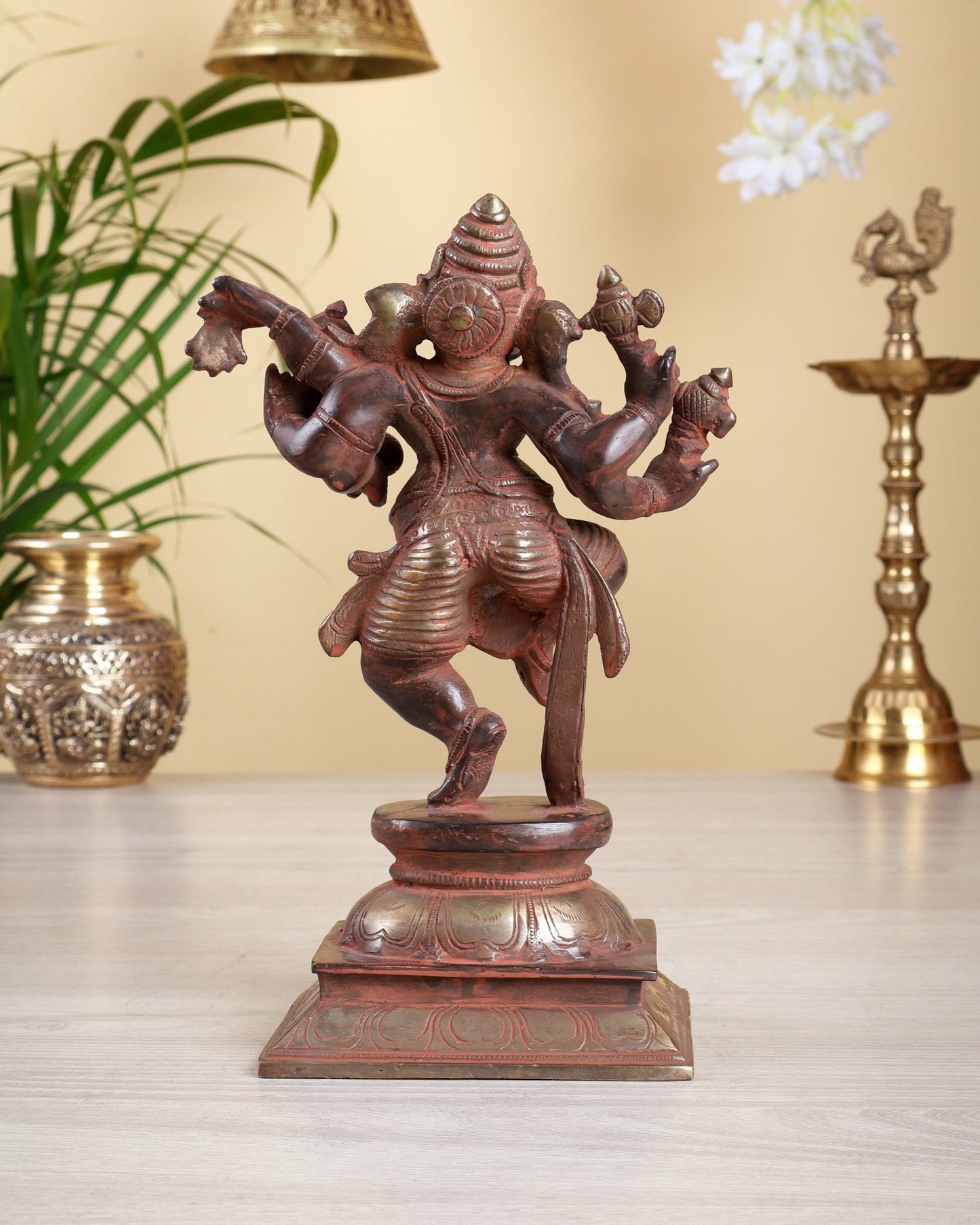 Brass Dancing Ganesha Statue – Red Sand Finish with Silver Patina | 9.5 Inch - Budhshiv.com
