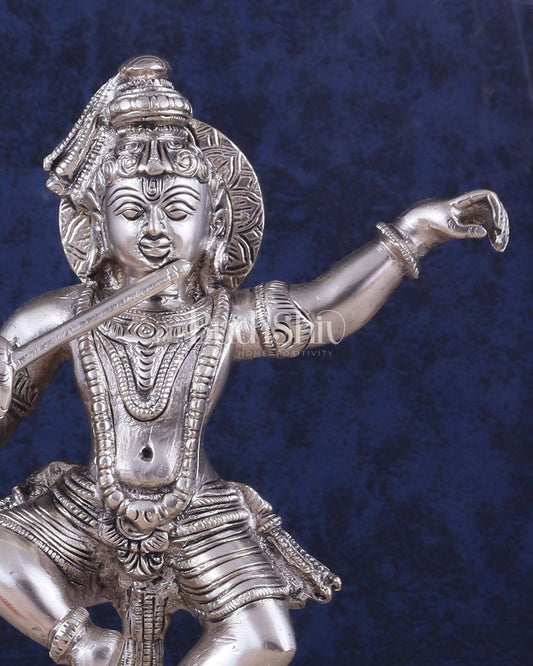 Brass Dancing Krishna Idol | Height: 9 inch with silver plated - Budhshiv.com