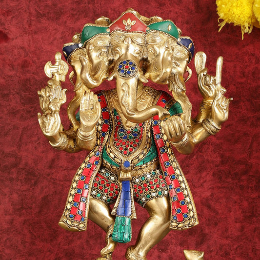 Brass Dancing Panchmukhi Ganesha Statue - 15 Inch with stonework - Budhshiv.com