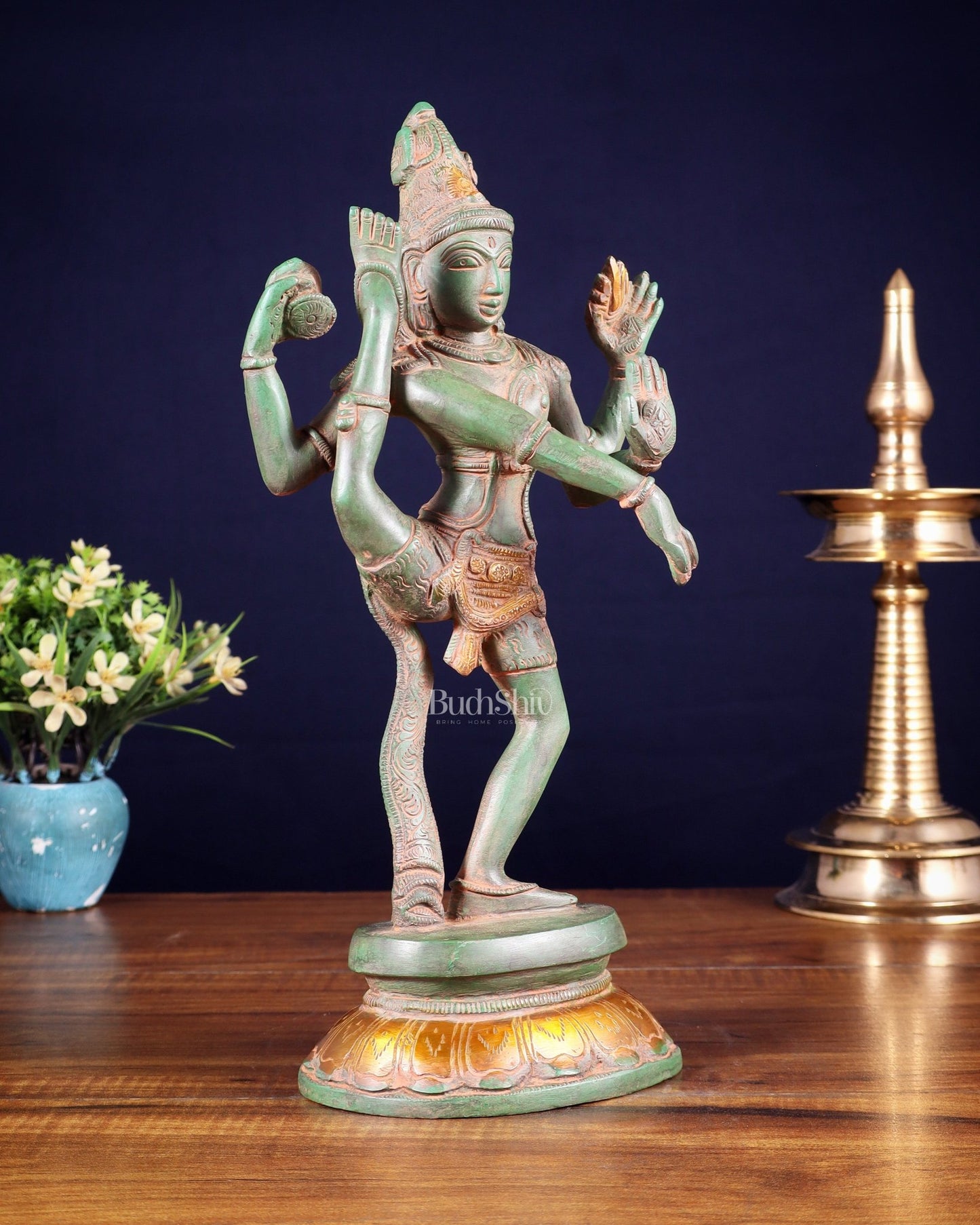 Brass Dancing Shiva Rudratandava Sculpture green patina tone 12 inch - Budhshiv.com