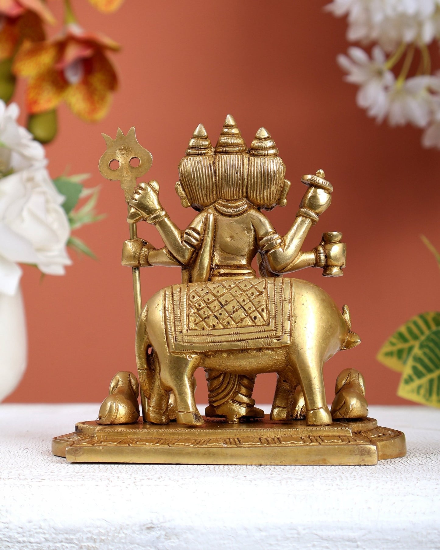 Brass Dattatreya Guru with cow and four dogs idol 5" - Budhshiv.com