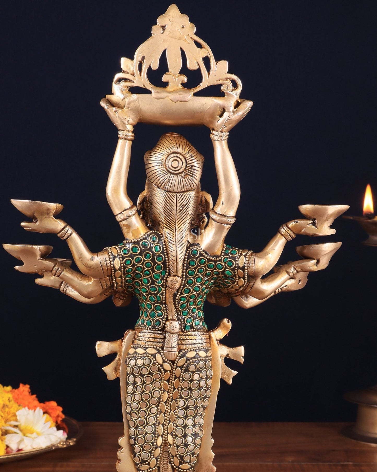 Brass Deep Lakshmi with Ten Hands Idol 15" stonework - Budhshiv.com