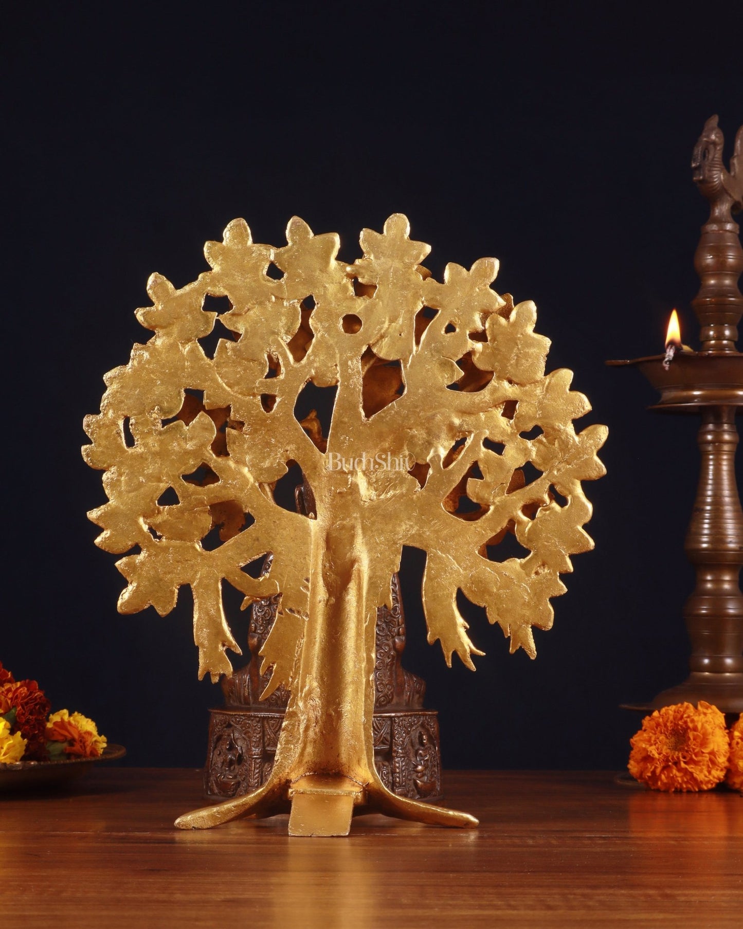 Brass Dual - Tone Meditation Buddha & Handcrafted Kalpavriksha Tree 11" - Budhshiv.com