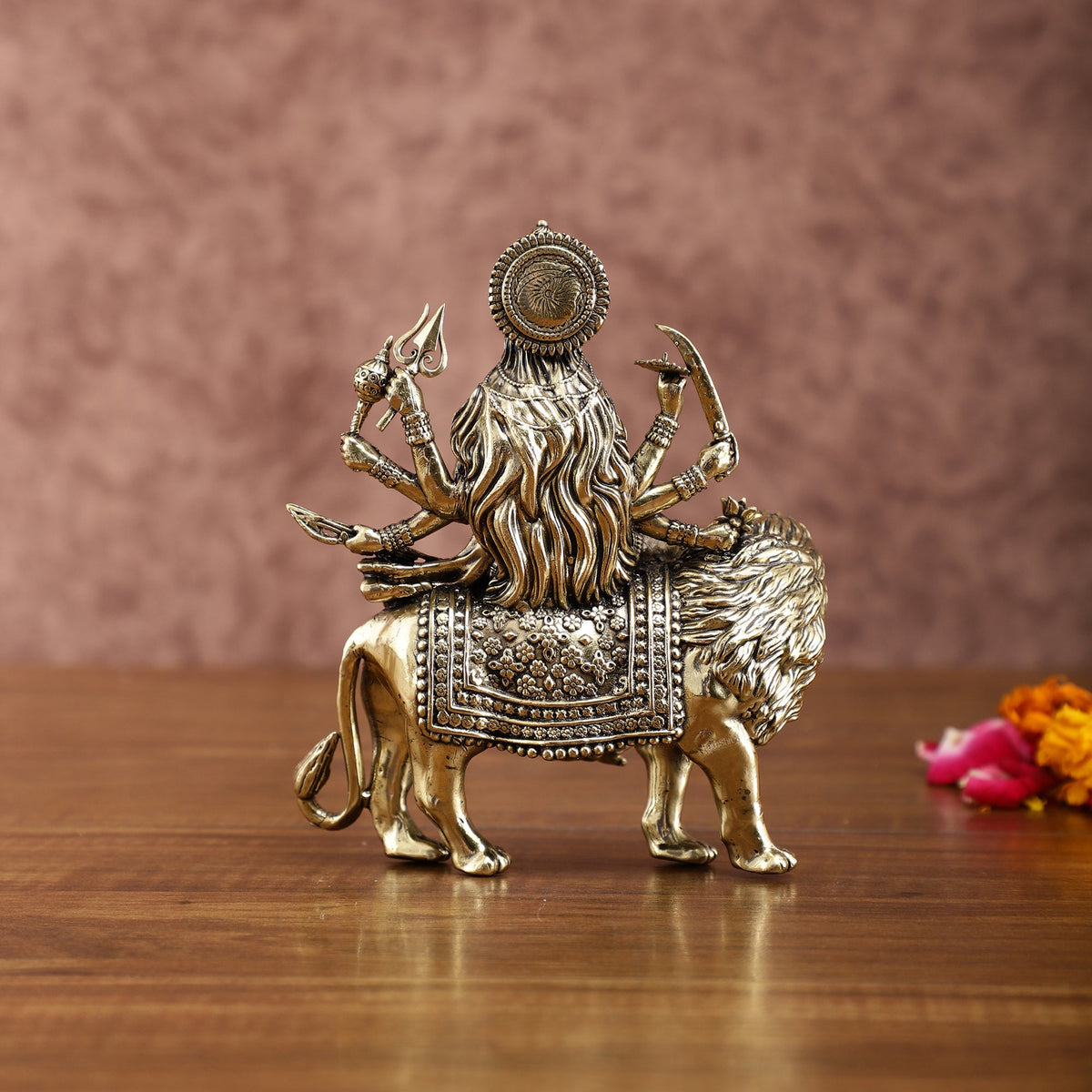 Brass Durga on Lion Idol – 6 Inches, Superfine Lightweight - Budhshiv.com
