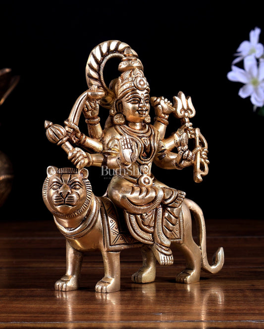 Brass Durga with Tiger – Solid Brass Statue 6 inch - Budhshiv.com