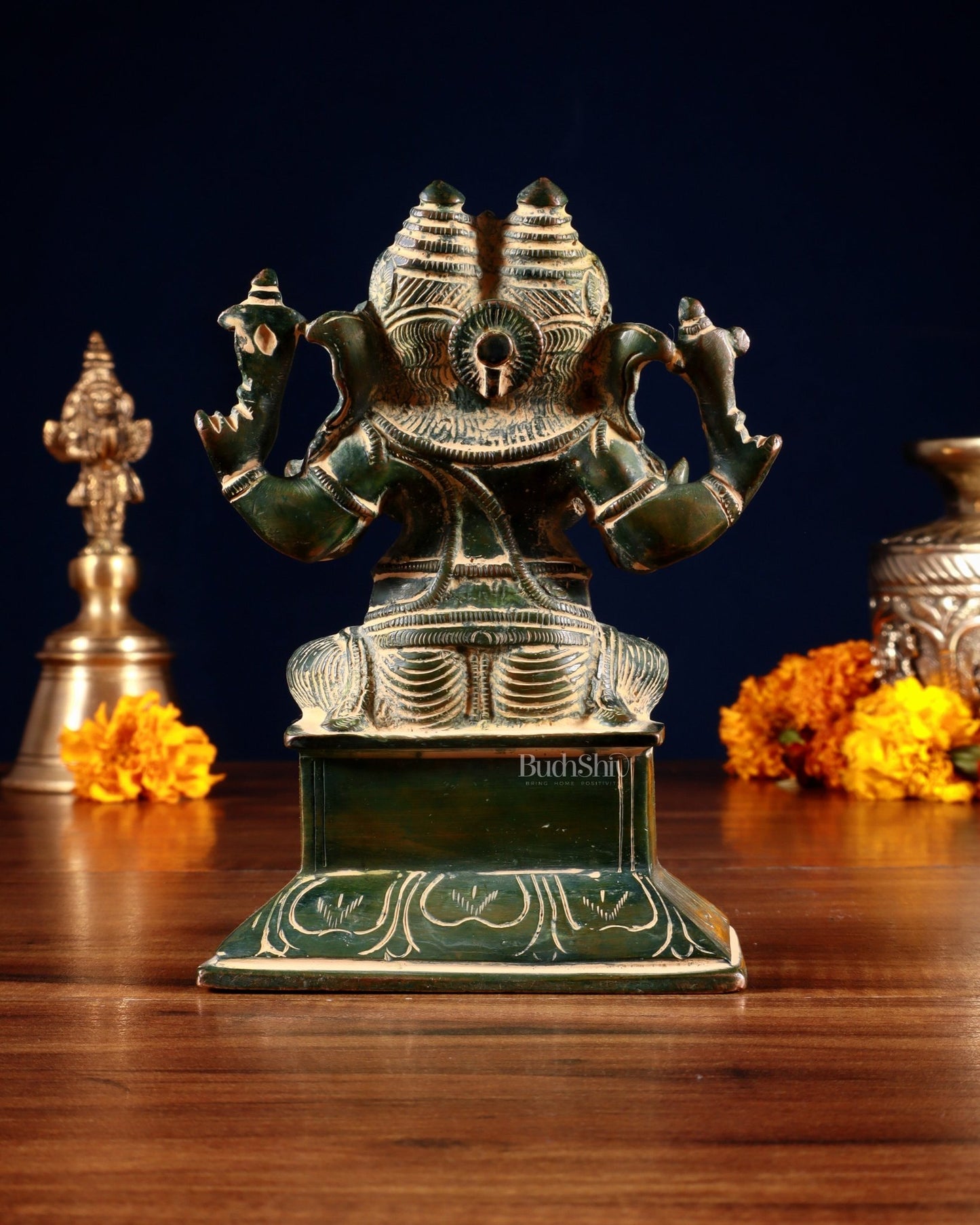 Brass Dvimukha Ganapati Statue – Two - Faced Form with Dual Trunk Direction 6" - Budhshiv.com