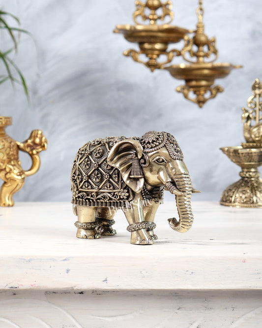 Brass Elephant Showpiece with Trunk Down | Superfine Decorative Elephant Figurine 5 inch wide - Budhshiv.com