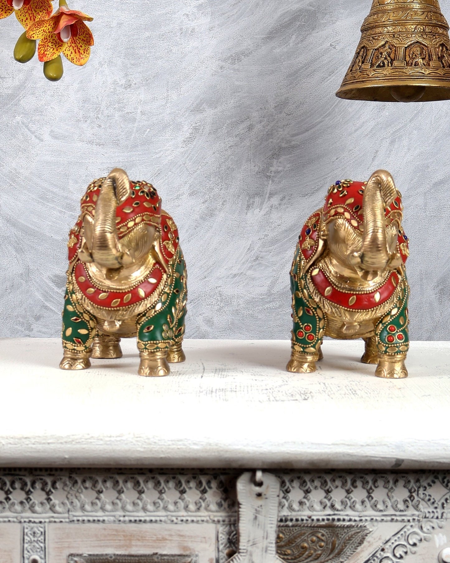 Brass Elephant Statue with meenakari 7" pair - Budhshiv.com