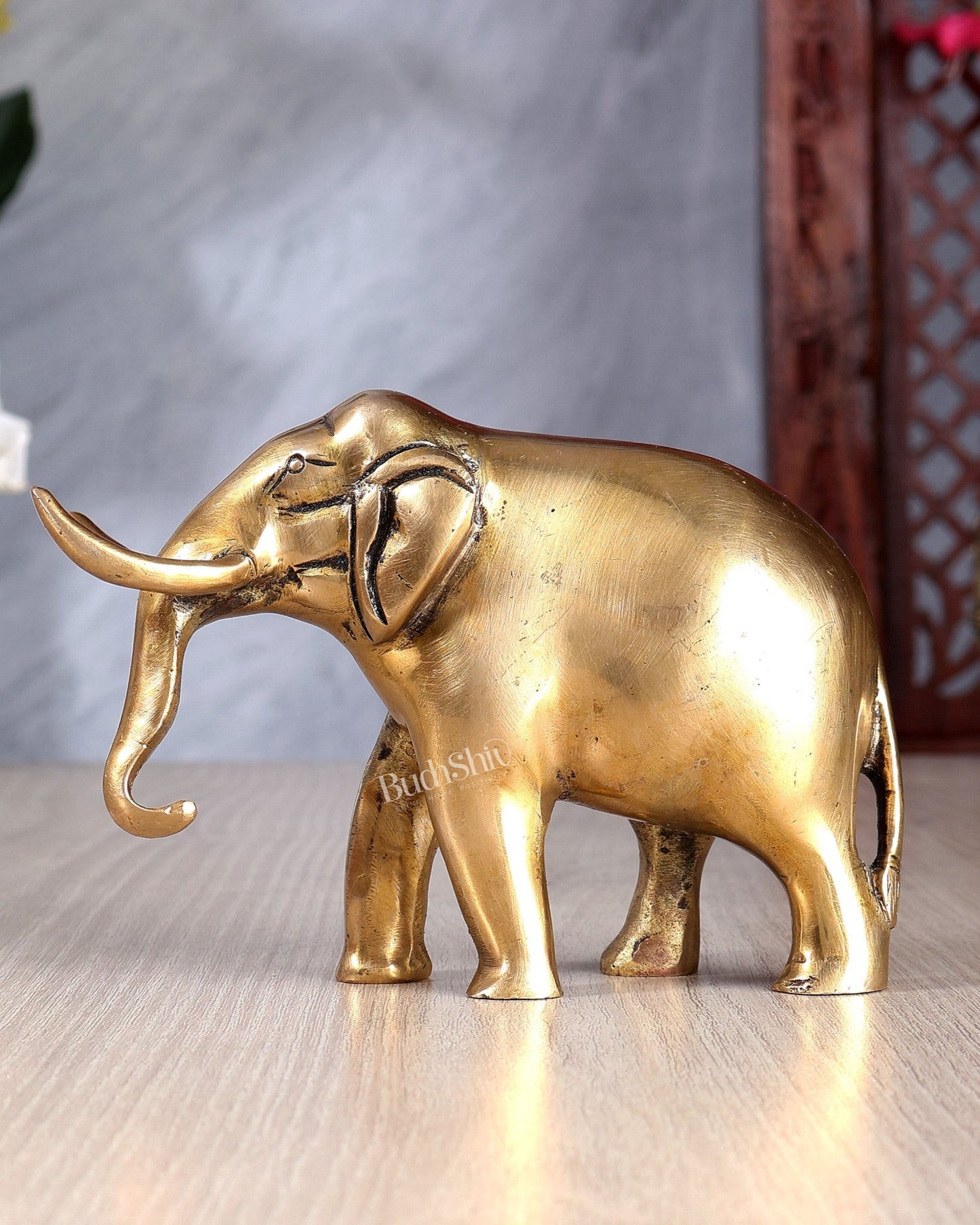 Brass Elephant Statue with Trunk Down – Vastu Approved Handcrafted Decorative Showpiece 5.75 inch - Budhshiv.com