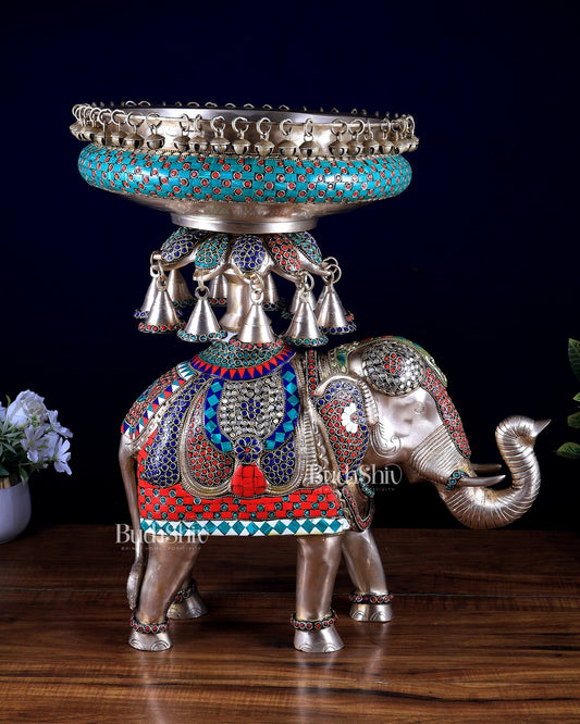 Brass elephant urli Large 21 inch stonework - Budhshiv.com