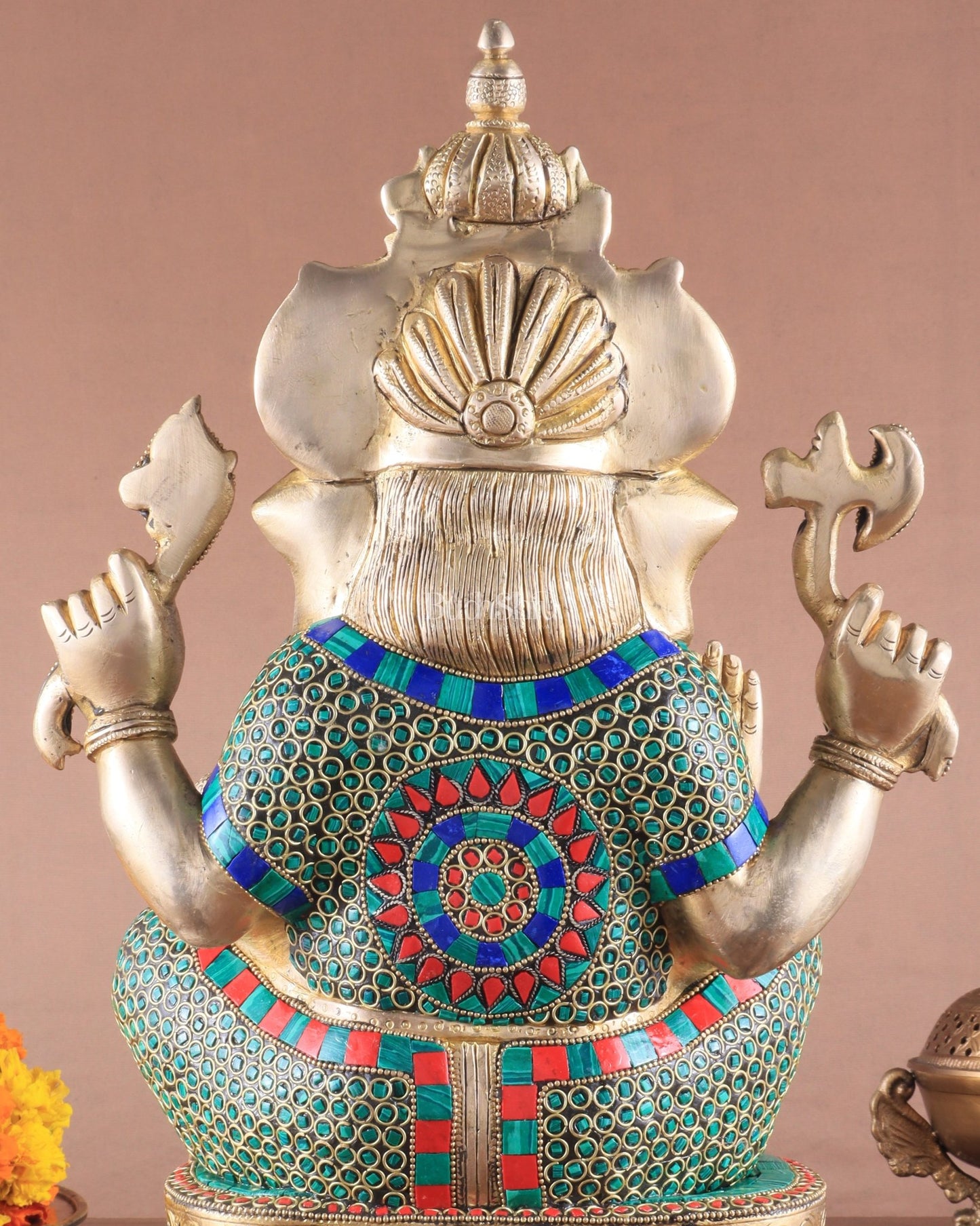Brass Ganapati Idol Glossy – Handcrafted with Right - Side Trunk, 16" meenakari - Budhshiv.com