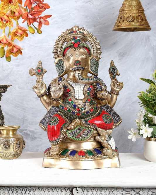 Brass Ganesh Lakshmi Brass Idol 18" Pair with stonework - Budhshiv.com