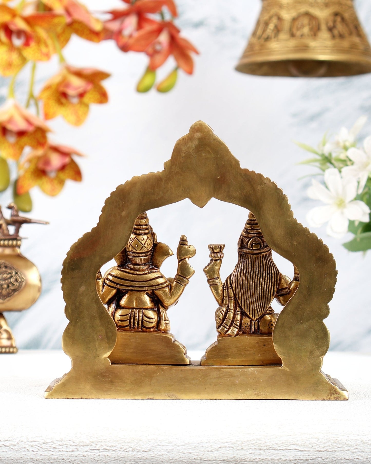 Brass Ganesh Lakshmi Idol on Same Base with Prabhavali – Divine Prosperity Statue (5.5 Inches) - Budhshiv.com