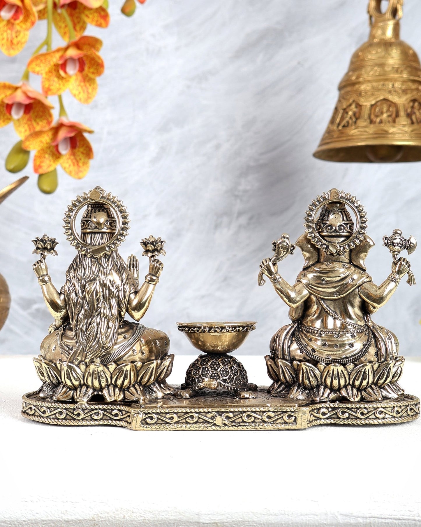 Brass Ganesh Lakshmi Idol with Tortoise Diya – Auspicious Prosperity & Wealth Sculpture 4.5 inch - Budhshiv.com