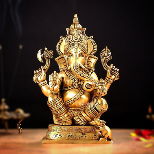 Brass Ganesha and Lakshmi Idol Pair - 11.5 Inch Statues - Budhshiv.com