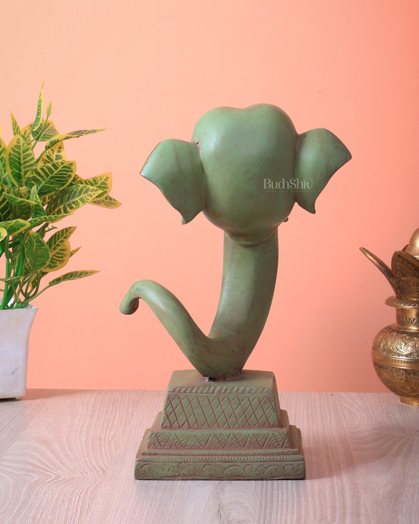 Brass Ganesha Face Mural Abstract Design (Green Tone, 11.5 Inch) - Budhshiv.com