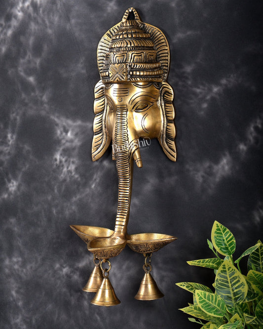 Brass Ganesha Face Wall Hanging with Three Diyas & Bells β Handcrafted Divine Wall DΓ©cor 17.5 inch - Budhshiv.com