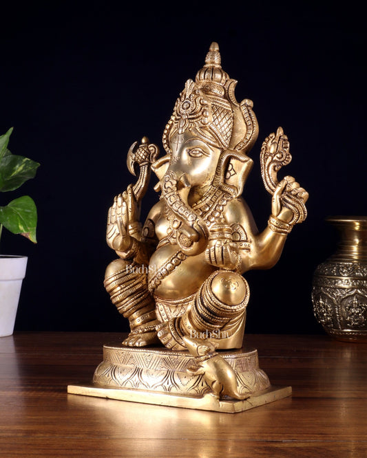 Brass Ganesha Idol - 11.5 Inch Statue enhanced carvings - Budhshiv.com