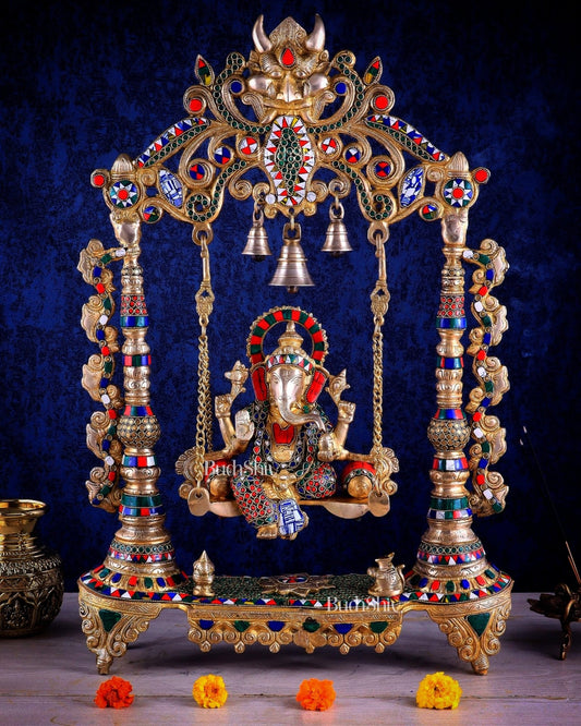 Brass Ganesha idol on large Swing jhoola - 26 inch large - Budhshiv.com