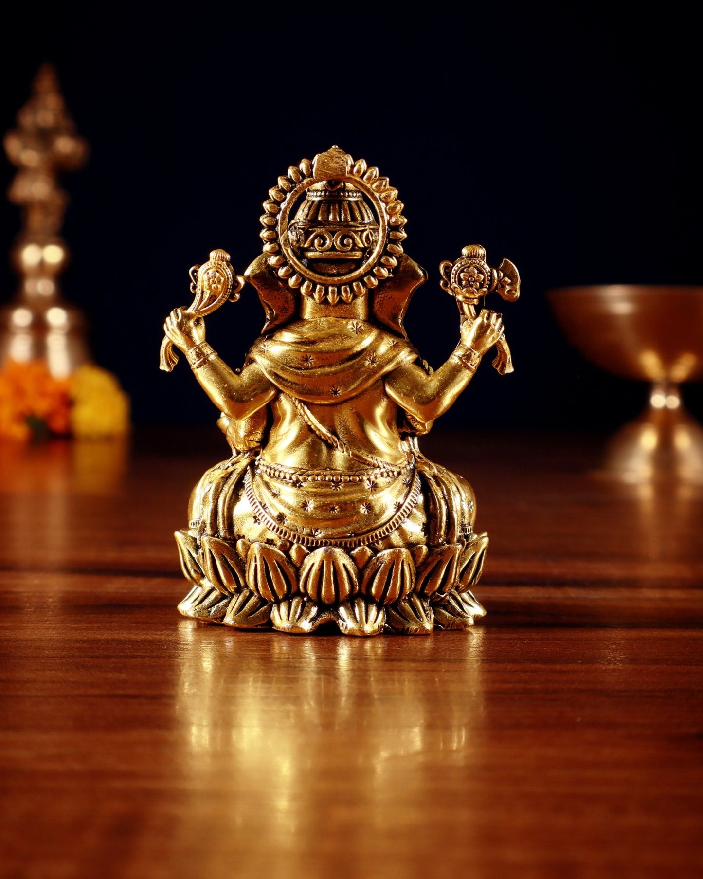 Brass Ganesha Idol on Lotus Base – Superfine Carvings in Golden Tone 3.5 inch and 4.25 inch and 4.8 inch - Budhshiv.com